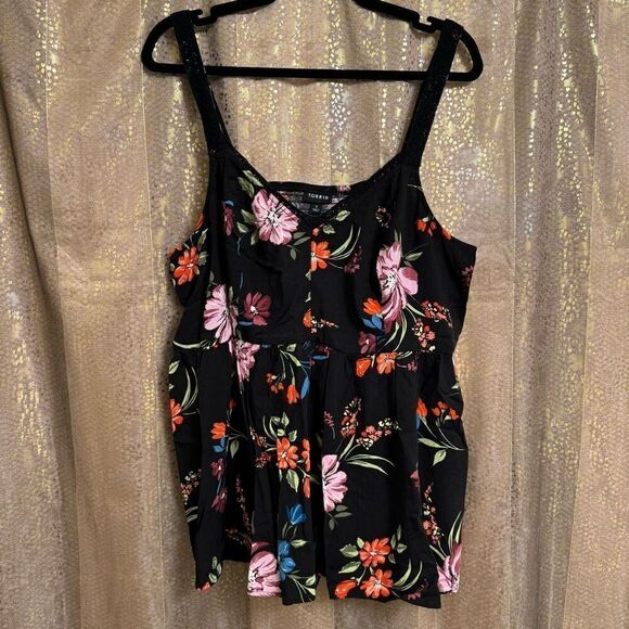 Torrid Black Red Blue Purple Floral Crochet Strap Peplum Challis Tank Top 1X - Picture 1 of 10